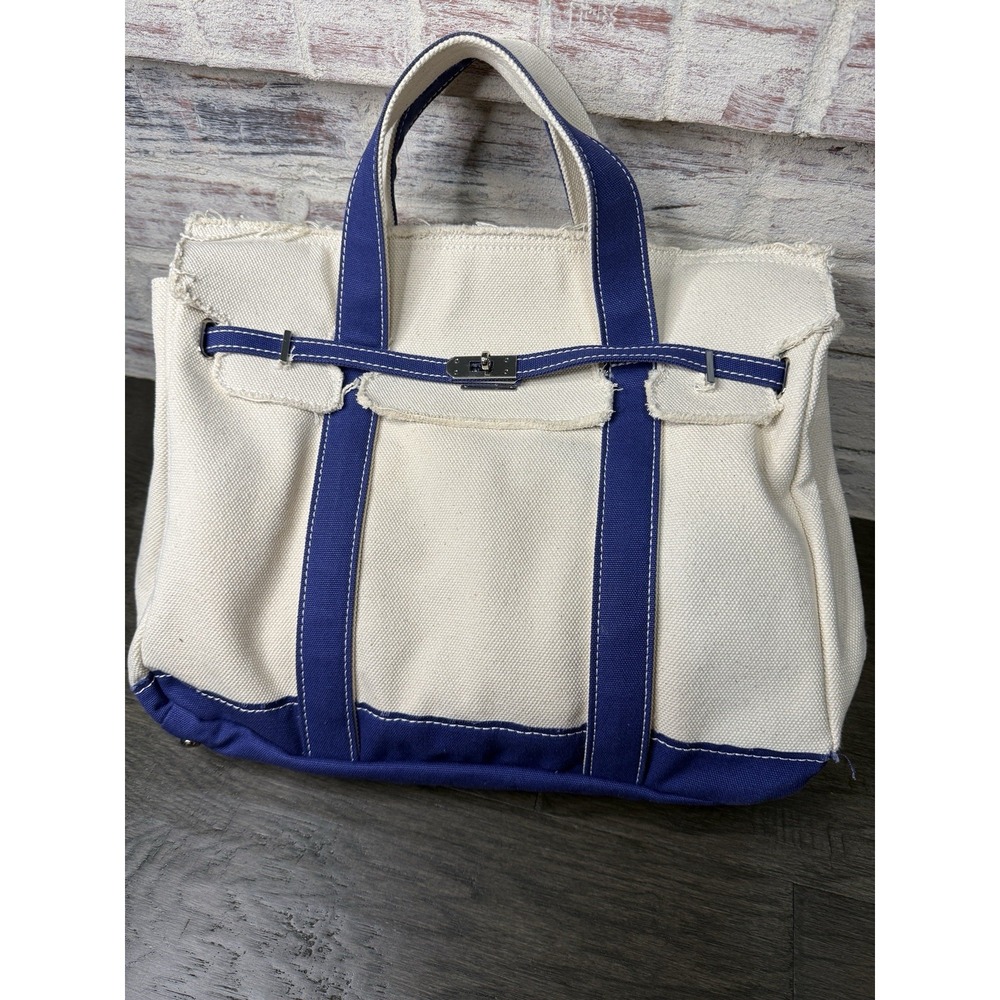 Sunwin Madaket Classic Large Tote Bag Canvas Natural with Blue Trim Silver